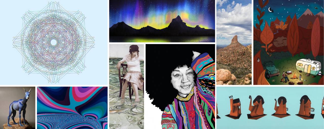 Images of artwork from the GVSU Art Museum that relate to the theme Art & Technology